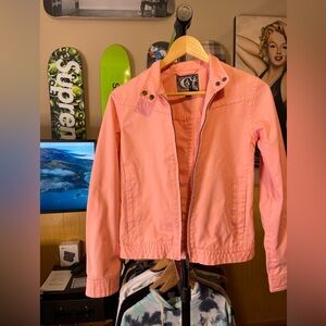 Volcom pink denim biker jacket zip up, pink woman’s size XS